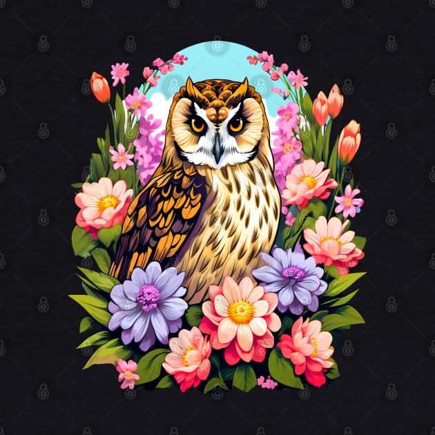 A Cute Short Eared Owl Surrounded by Bold Vibrant Spring Flowers by BirdsnStuff